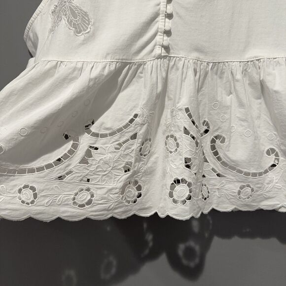 By Anthropologie Cutwork Babydoll Blouse Women's XL White Cotton Butterfly - Picture 4 of 14